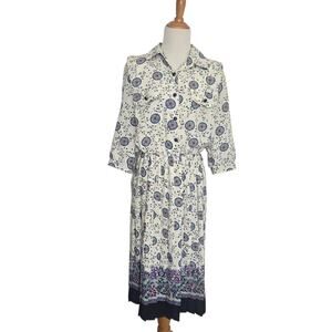 Vintage Breli 80s Secretary Shirt Dress Printed Pleated Midi Skirt Women 10
